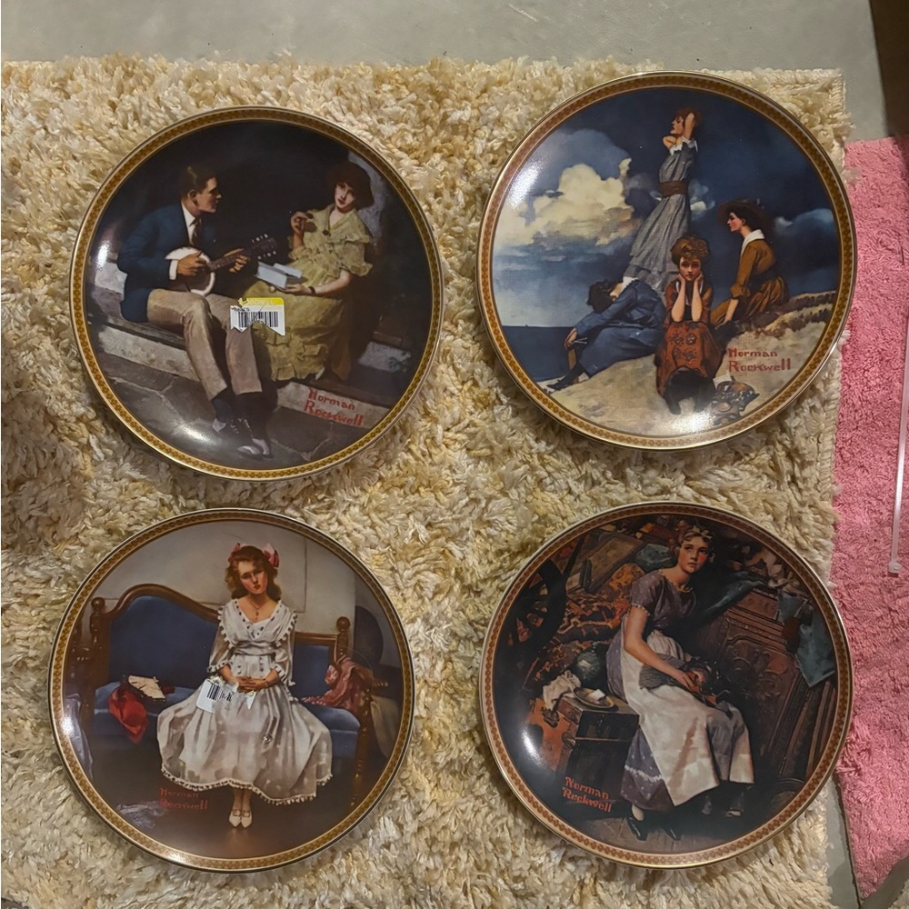 Set of 4-Norman Rockwell Multicolor Collector Plate Set with Gold Rim Accents